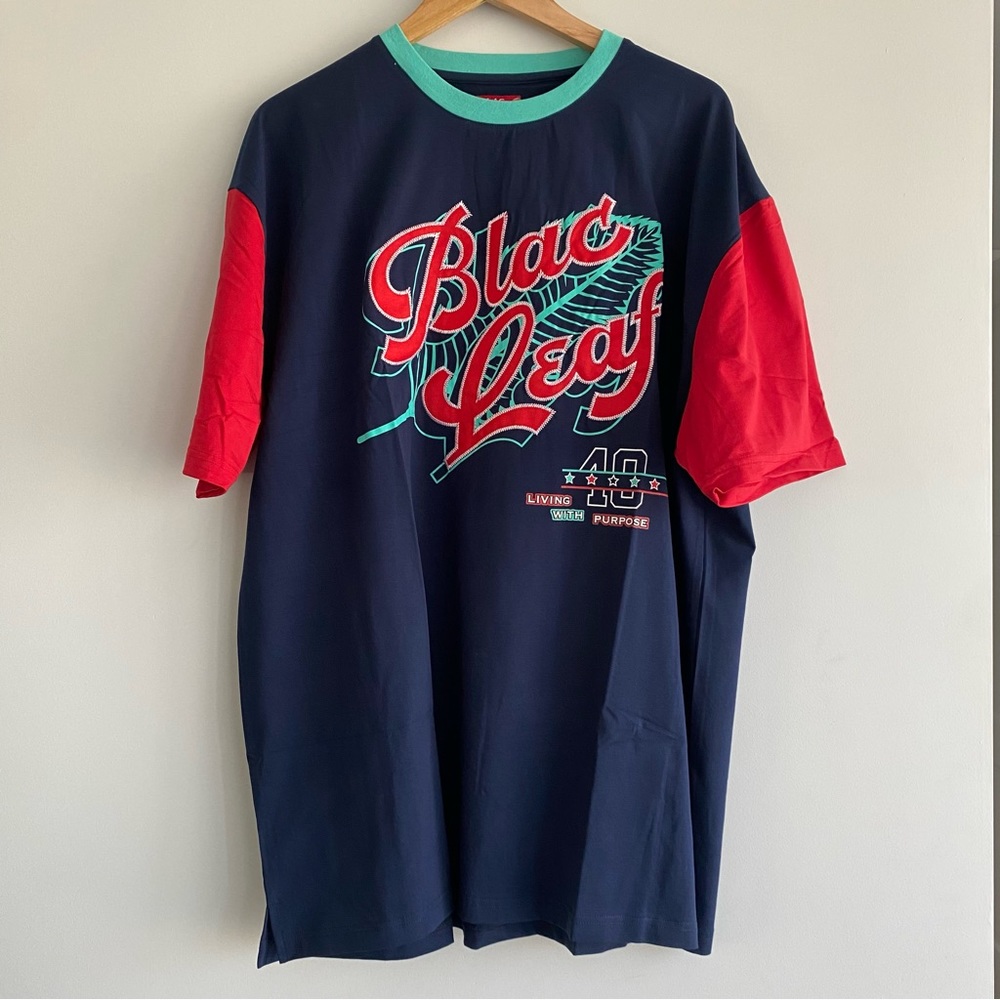 Men’s Short Sleeve Baseball Tee Blac Leaf Print Blue Blac Leaf Size 3XL